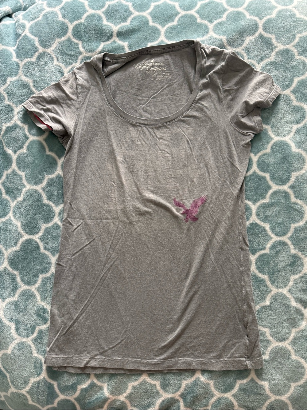 American Eagle Outfitters Gray Scoop Neck Tee with Pink Eagle Logo